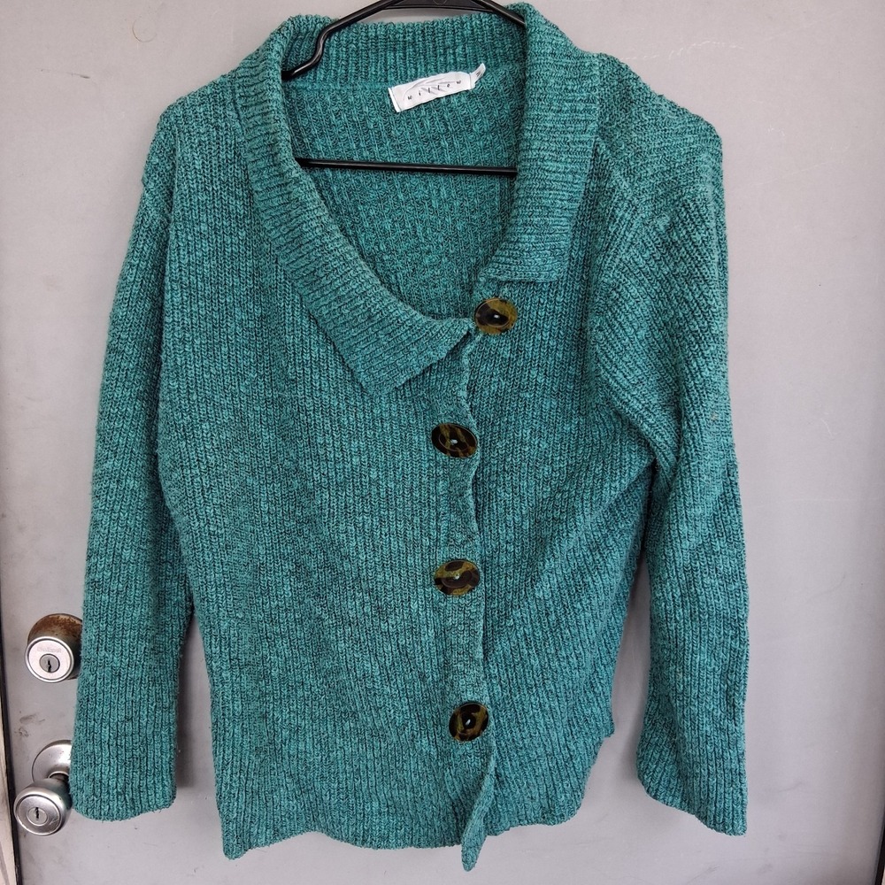Asymmetrical Teal Sweater Tortoiseshell Buttons Beautiful Made In USA M EUC...